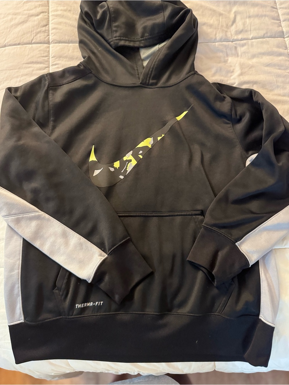 Nike Men’s Black Hoodie with Gray Panels and Yellow-Accent Swoosh